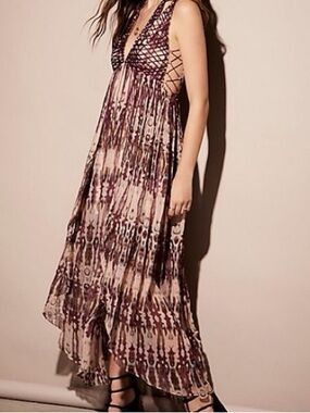 Free People Tie-Dye Crochet Side-Lace Maxi Dress in Mauve and Cream